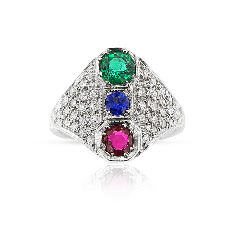 Ruby, Emerald, Sapphire and Diamond Ring, 18k