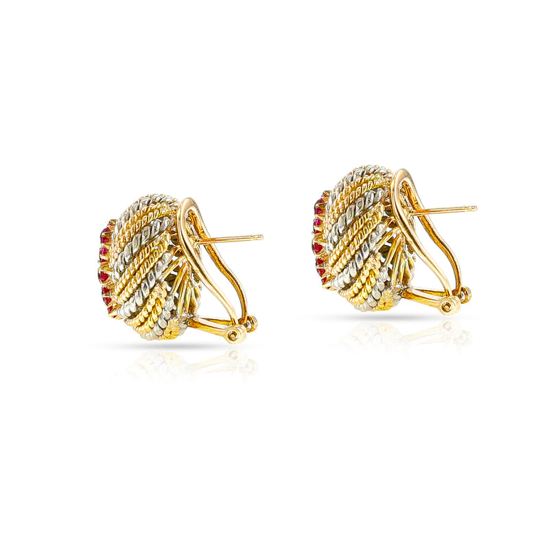 Rope-Work Yellow and White Gold Ruby and Diamond Earrings, 14k