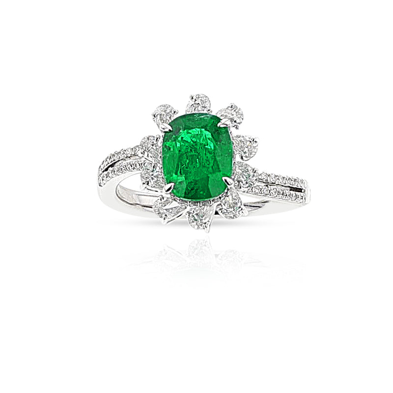 GIA Certified Natural Cushion-Cut Emerald and Diamond Ring, 18k