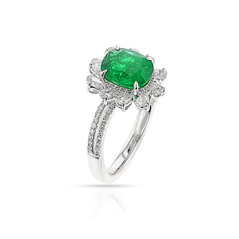 GIA Certified Natural Cushion-Cut Emerald and Diamond Ring, 18k