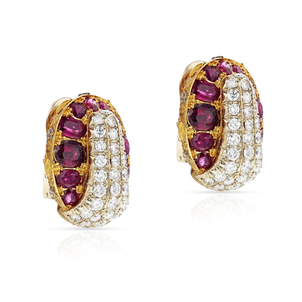 GIA Certified Natural, Unheated Thai Ruby and Diamond 18K Yellow Gold Earrings