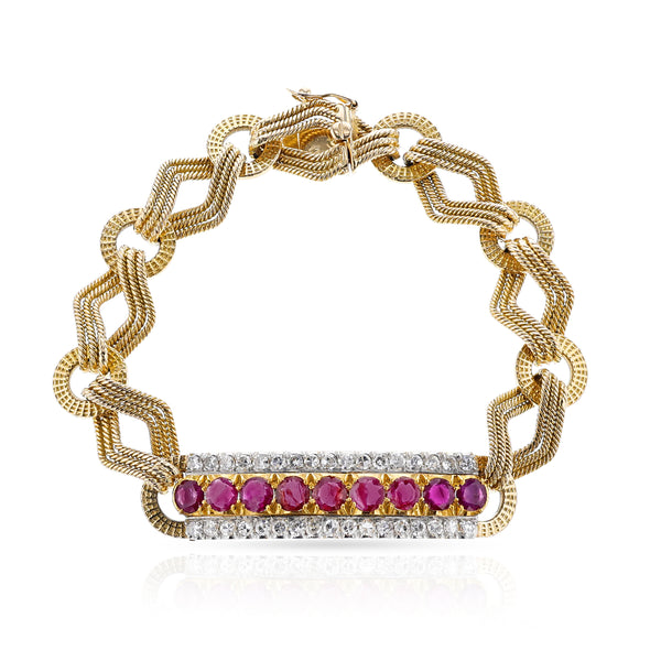 Natural Unheated Burma Ruby and Diamond 18K Yellow Gold Bracelet