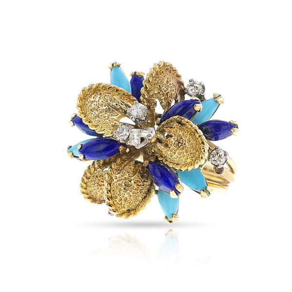 Turquoise, Lapis and Diamond Cocktail Ring, 14k