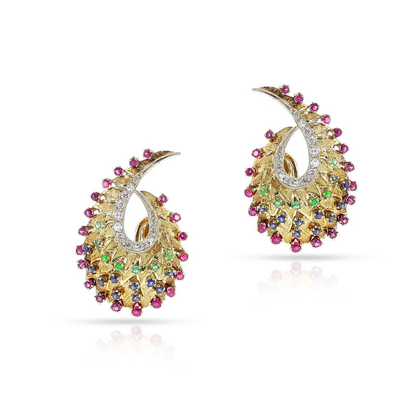 1960s Italian Pear-Shape Swirl Ruby, Emerald, Sapphire and Diamond Earrings, 18k