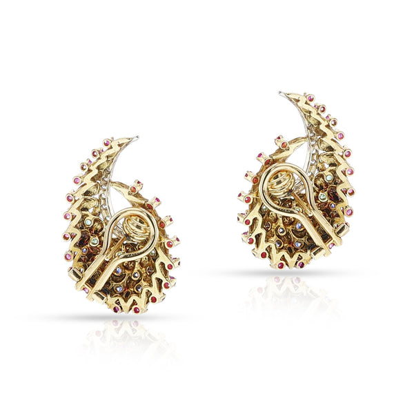 1960s Italian Pear-Shape Swirl Ruby, Emerald, Sapphire and Diamond Earrings, 18k