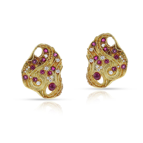 Elizabeth Gage Abstract Ruby and Diamond Earrings, 18k