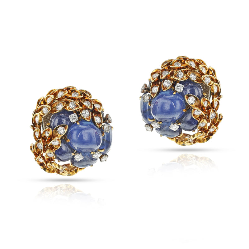 David Webb Sapphire Cabochon and Diamond Earrings, 18k