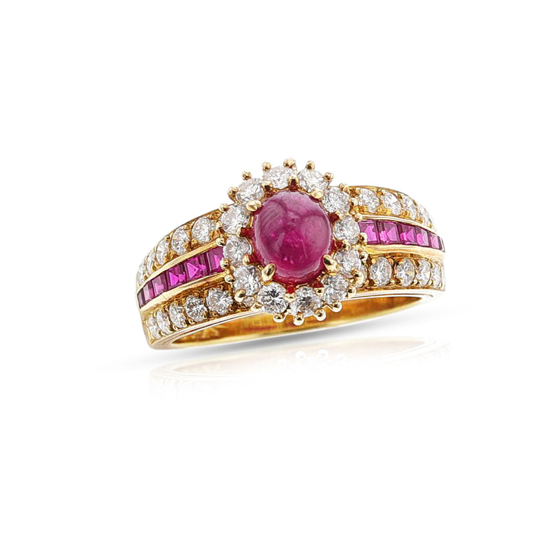 1980s Van Cleef & Arpels Ruby Cabochon and Diamond Halo Ring, 18k