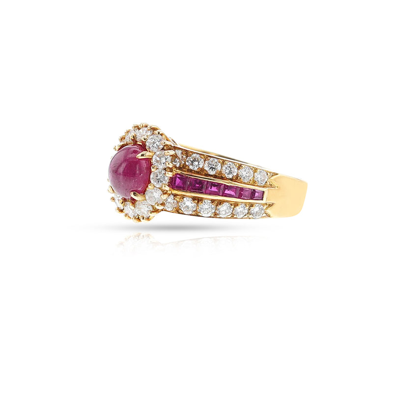 1980s Van Cleef & Arpels Ruby Cabochon and Diamond Halo Ring, 18k