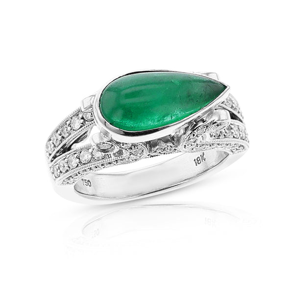 Pear Emerald Cabochon and Diamond Ring, 18k