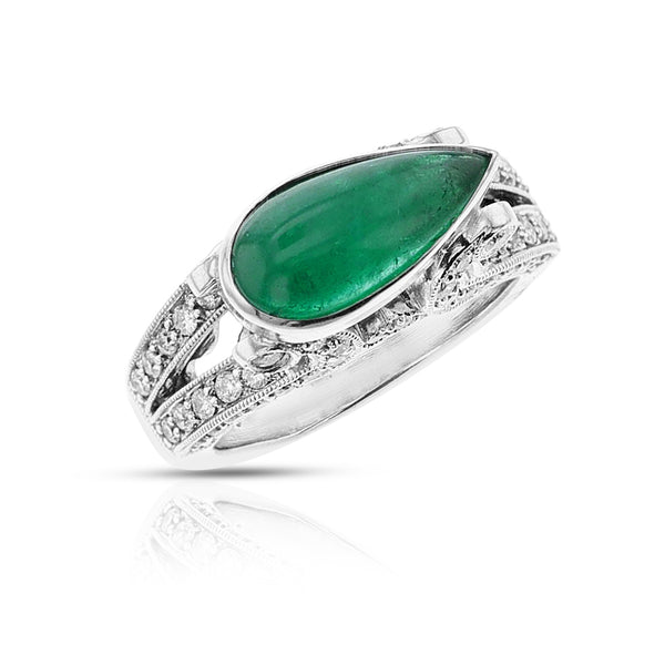 Pear Emerald Cabochon and Diamond Ring, 18k