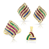 Ruby, Emerald, Sapphire and Diamond Suite with Earrings, Ring, and Pendant, 18k