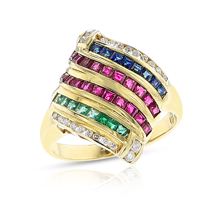 Ruby, Emerald, Sapphire and Diamond Suite with Earrings, Ring, and Pendant, 18k