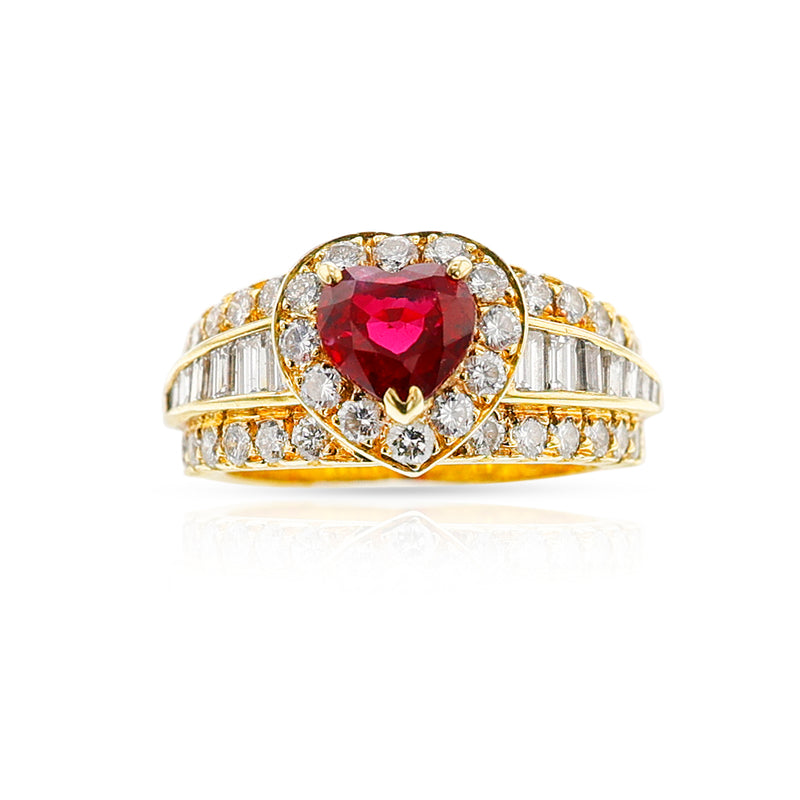 Van Cleef & Arpels GIA Certified No Heat Pigeon Blood Heart Shaped Burma Ruby Ring, 18k