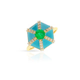 Emerald, Diamond, and Blue Enamel Hexagon Ring, 18k