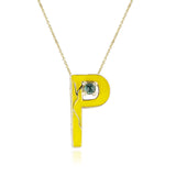 Yellow Enamel and Gold Lining "P" Alphabet with Malachite Cabochon Pendant Necklace, 14K