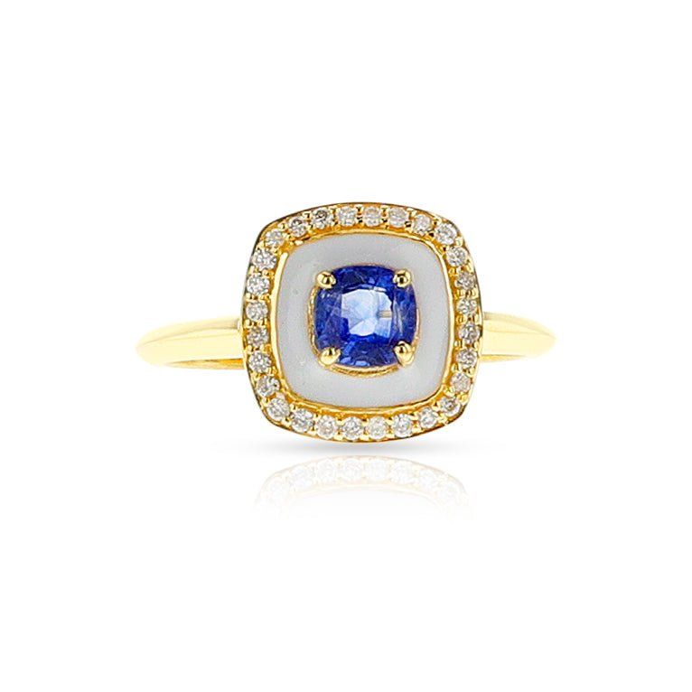 White Enamel, Sapphire and Diamond Halo Ring, 14k