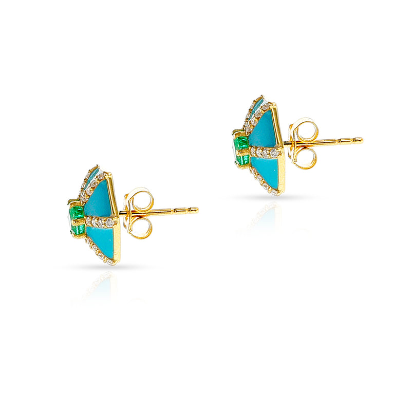 Blue Enamel, Diamond and Emerald Hexagon Earrings, 14k