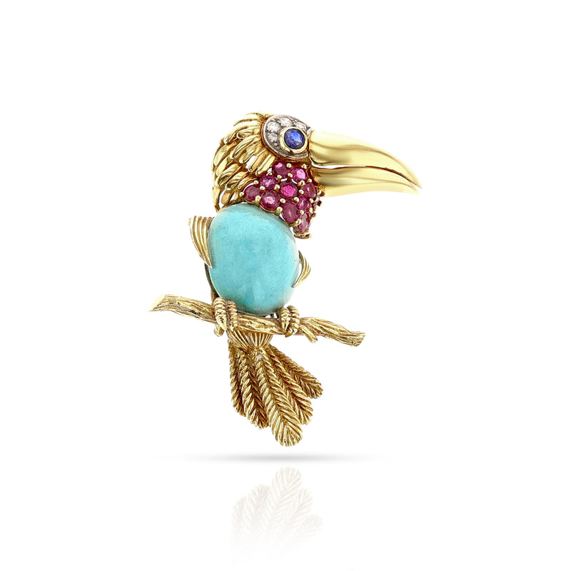 Cartier Gold, Platinum, Turquoise, Ruby, Sapphire and Diamond Toucan Brooch