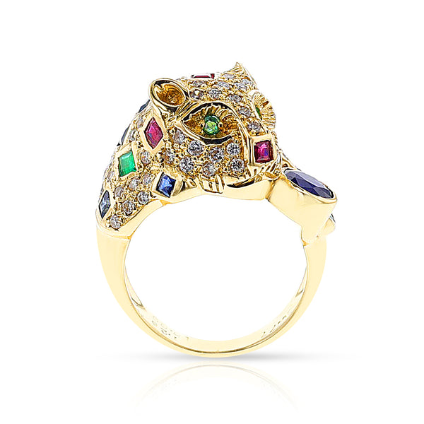 Ruby, Emerald, Sapphire and Diamond Panther Ring, 18k