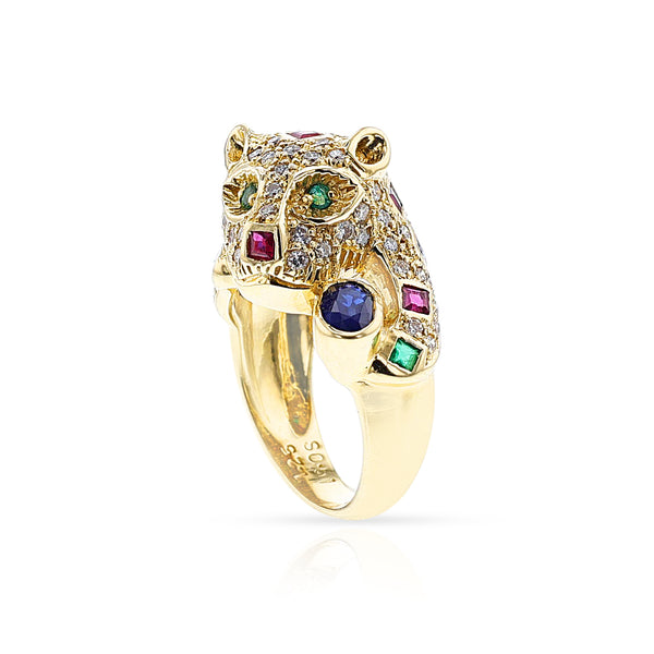 Ruby, Emerald, Sapphire and Diamond Panther Ring, 18k