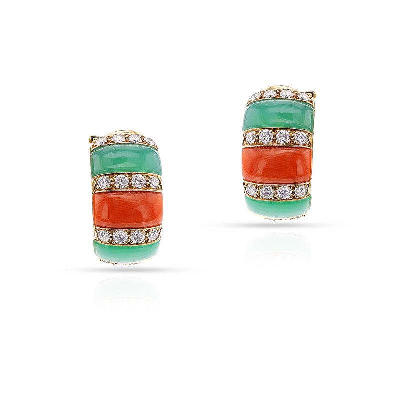 Van Cleef & Arpels Coral, Chrysoprase and Diamond Half-Hoop Earrings, 18k