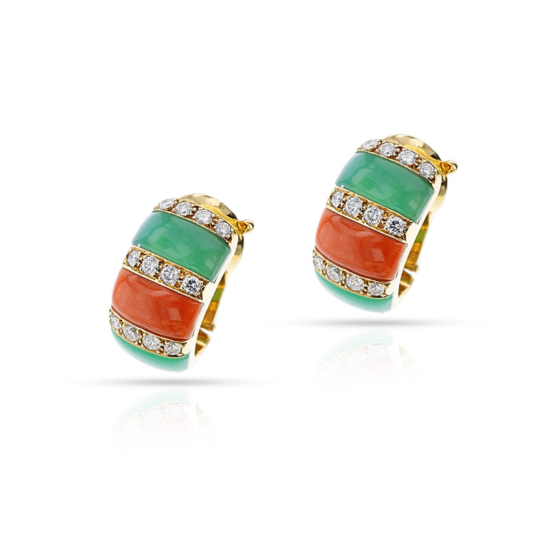 Van Cleef & Arpels Coral, Chrysoprase and Diamond Half-Hoop Earrings, 18k