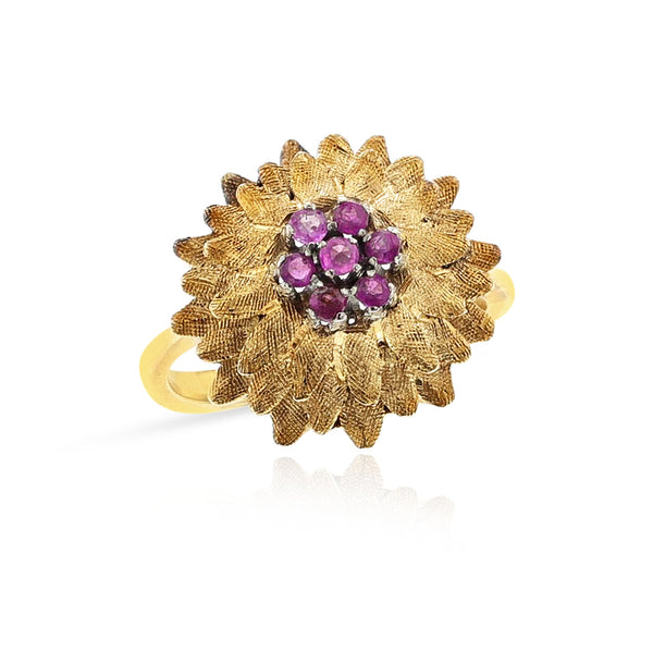 Pink Sapphire Textured Flower Ring, 18k
