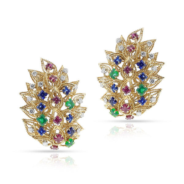 1960s David Webb Ruby, Emerald, Sapphire and Diamond Earrings/Brooch Pair, 18k