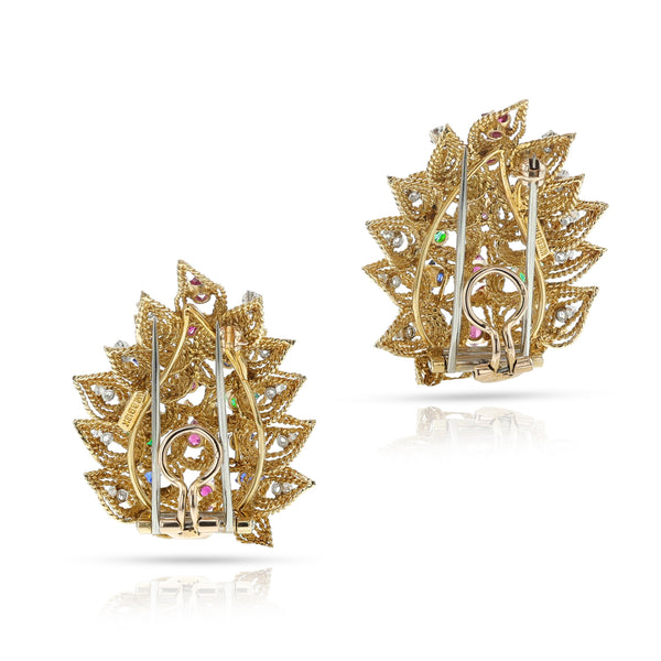 1960s David Webb Ruby, Emerald, Sapphire and Diamond Earrings/Brooch Pair, 18k