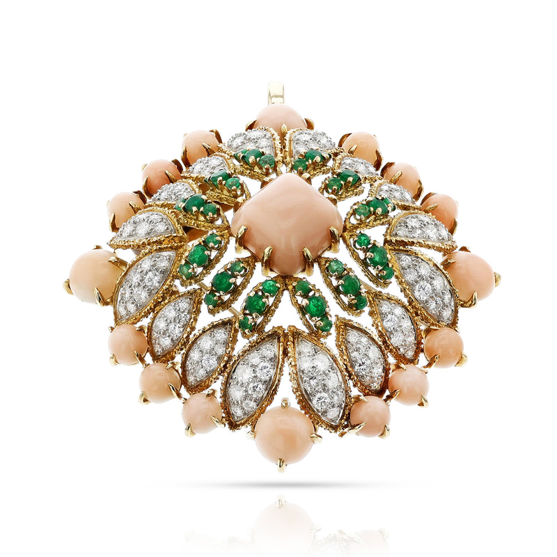 Van Cleef & Arpels Péry et Fils Coral, Emerald and Diamond Pendant Brooch