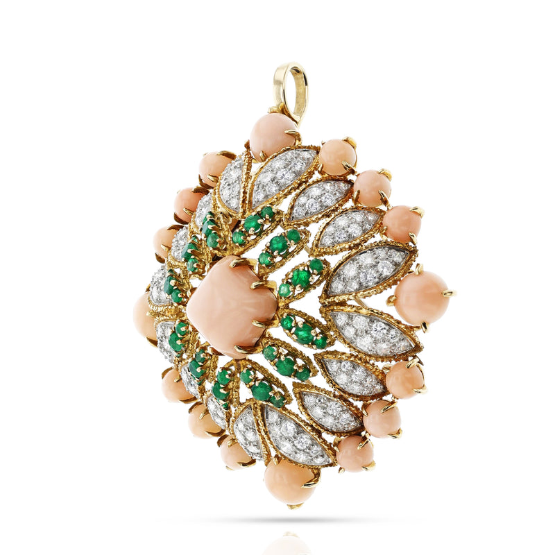 Van Cleef & Arpels Péry et Fils Coral, Emerald and Diamond Pendant Brooch