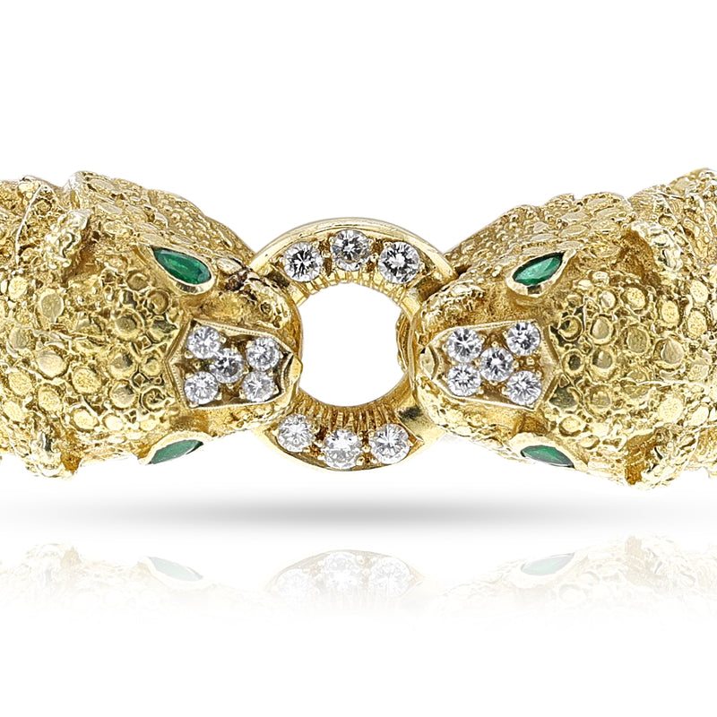 Double Lion Diamond and Emerald Cuff Bangle, 18k