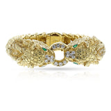 Double Lion Diamond and Emerald Cuff Bangle, 18k