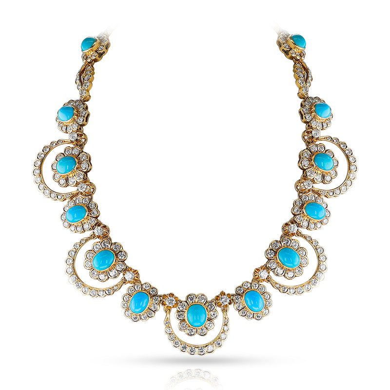 Van Cleef & Arpels Pery et Fils Turquoise Cabochon and Diamond Necklace, France, 1955