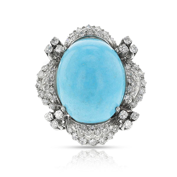 Large Turquoise Cabochon Cocktail Ring with Diamonds, 14k