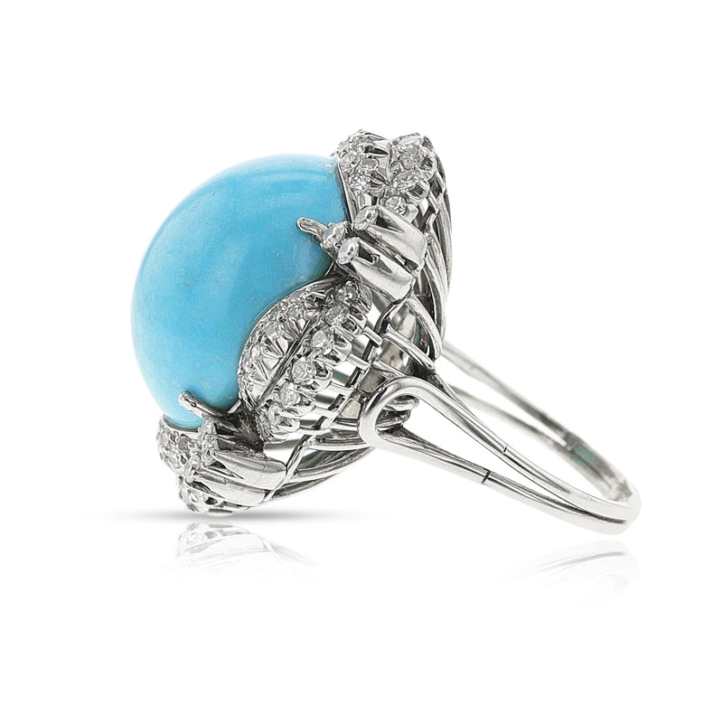 Large Turquoise Cabochon Cocktail Ring with Diamonds, 14k