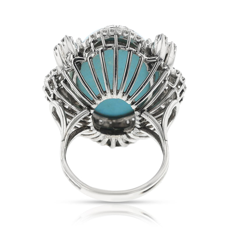 Large Turquoise Cabochon Cocktail Ring with Diamonds, 14k