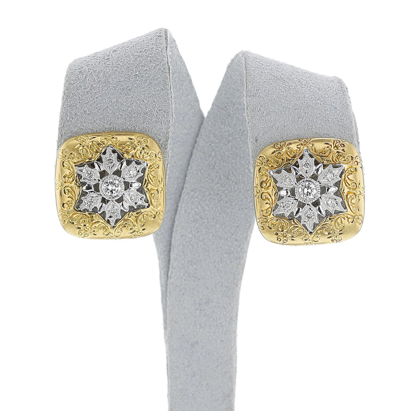 Square Two-Tone Gold and Diamond Earrings, 18k