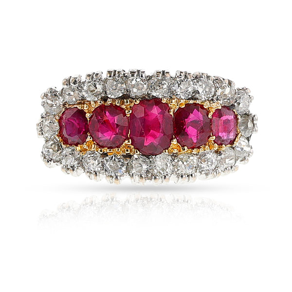 GIA Certified Burma No Heat Ruby and Diamond Victorian Ring, 18k and Platinum