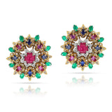 Ruby, Emerald, Sapphire and Diamond Large Flower Earrings, 18k