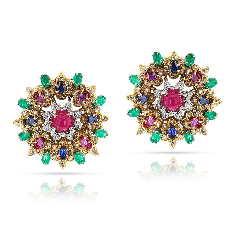 Ruby, Emerald, Sapphire and Diamond Large Flower Earrings, 18k