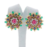 Ruby, Emerald, Sapphire and Diamond Large Flower Earrings, 18k