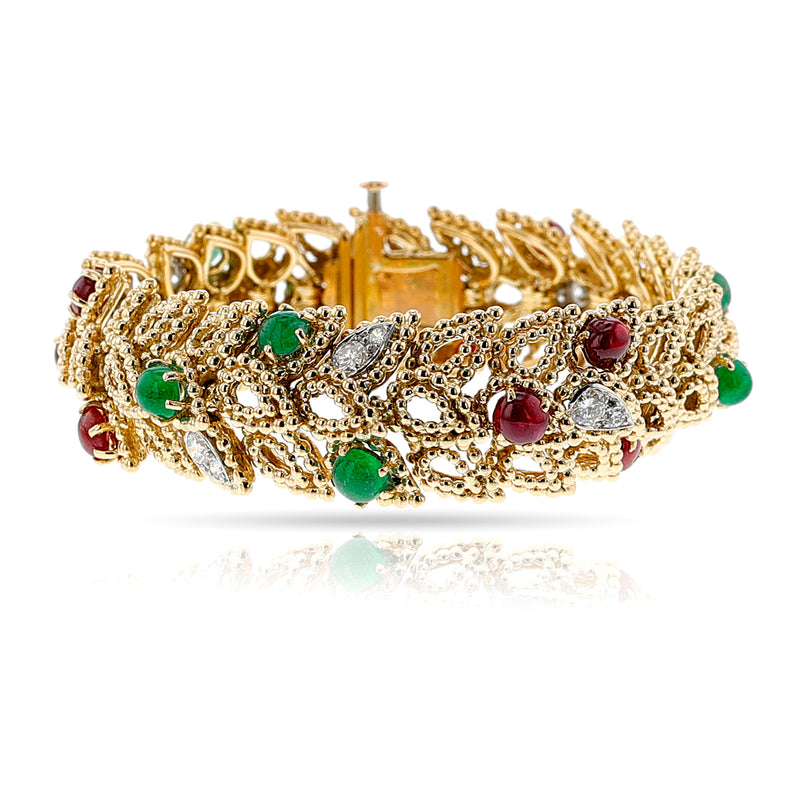 Van Cleef & Arpels by Andre Vassort Gold-Work Emerald and Ruby Cabochon with Diamond Bracelet, 18k