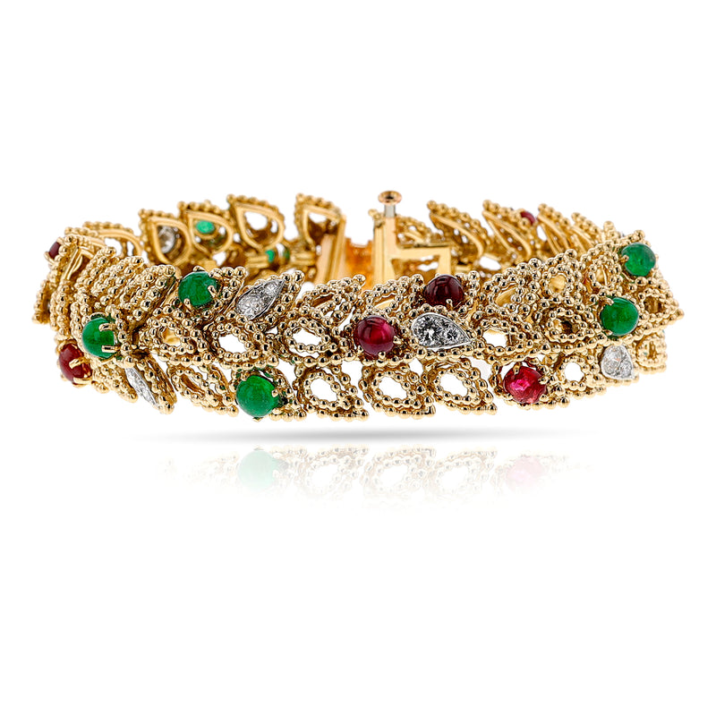 Van Cleef & Arpels by Andre Vassort Gold-Work Emerald and Ruby Cabochon with Diamond Bracelet, 18k