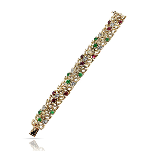 Van Cleef & Arpels by Andre Vassort Gold-Work Emerald and Ruby Cabochon with Diamond Bracelet, 18k