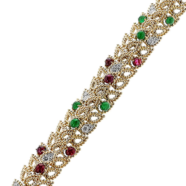 Van Cleef & Arpels by Andre Vassort Gold-Work Emerald and Ruby Cabochon with Diamond Bracelet, 18k