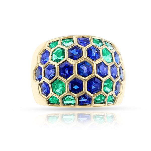 Sabbadini Milano Hexagonal Emerald and Sapphire Bombe Ring, 18k