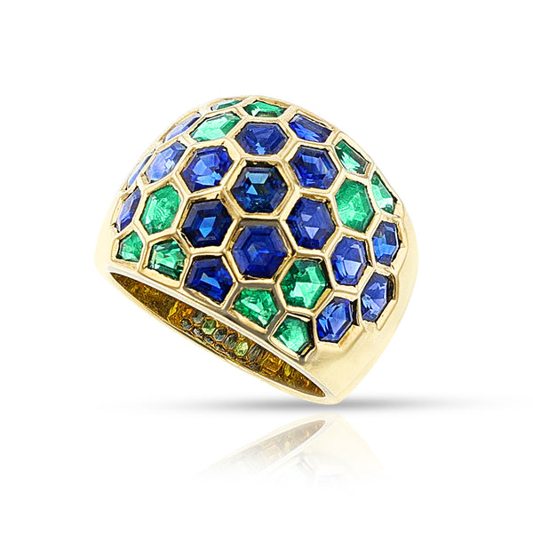 Sabbadini Milano Hexagonal Emerald and Sapphire Bombe Ring, 18k