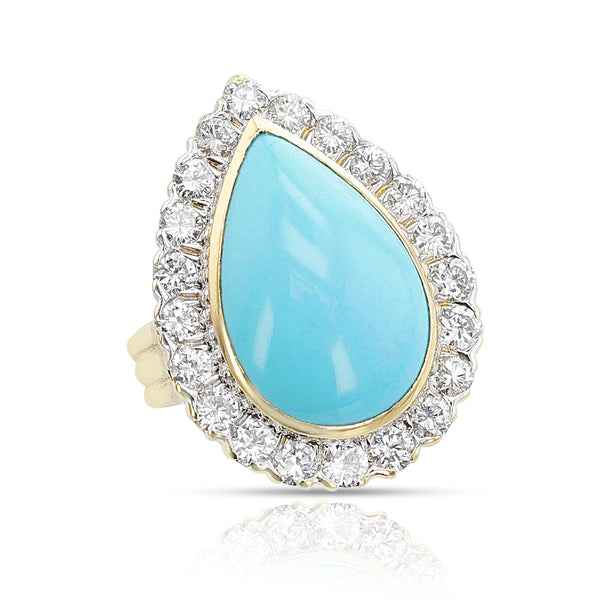 1970s David Webb Turquoise Cabochon and Diamond Ring, 18k and Platinum